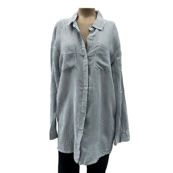 Velvet Heart Striped Button-Up Long Sleeve Pocket Tunic Shirt Dress Women M - Picture 1 of 11